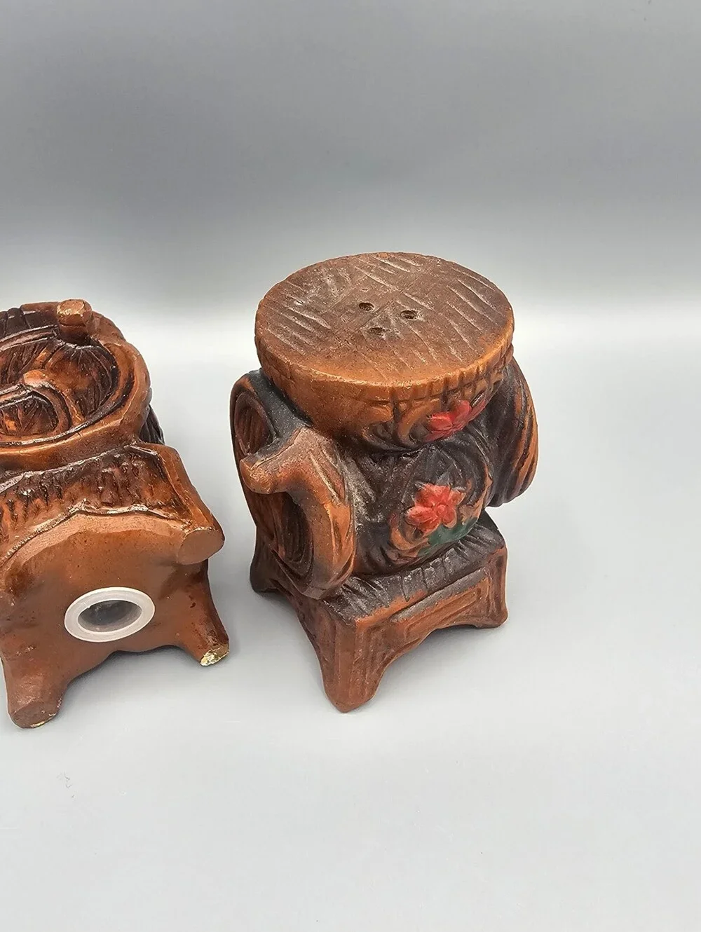 Vintage Hand-Carved Wooden Salt and Pepper Shakers with Floral Design